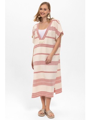 Deriderim Beyaz Kırmızı Şile Bezi Püskül Detaylı Kısa Kollu V Yaka Yazlık Astarsız Plaj Pamuklu Elbise