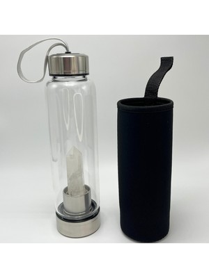 Yıldız Doğal Taş Sertifikalı Kristal Kuvars Doğal Taş Cam Su Matarası 550 ml  Özel Kılıflı Contalı Kapak Paslanmaz