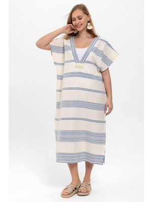 Deriderim Beyaz Mavi Şile Bezi Püskül Detaylı Kısa Kollu V Yaka Yazlık Astarsız Plaj Pamuklu Elbise