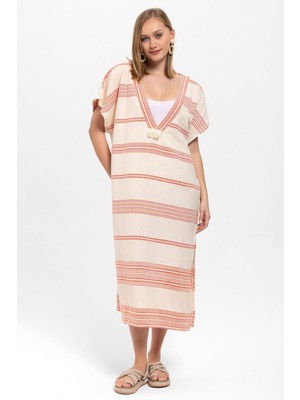 Deriderim Beyaz Turuncu Şile Bezi Püskül Detaylı Kısa Kollu V Yaka Yazlık Astarsız Plaj Pamuklu Elbise