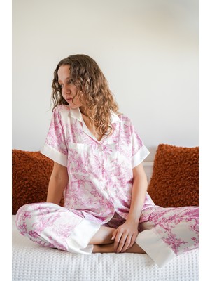 Mita Concept Pembe Desenli Saten Gömlekli Pijama Takımı