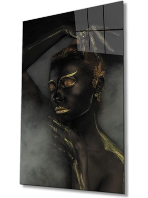 Emos avm Siyahi Altın Hatlı Kadın Dumanlı Cam Tablo, Ev ve Ofis Duvar Dekoru Hediyelik Temperli Dayanıklı Cam