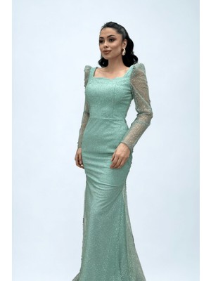 Giyimmasalı Simli Tül Kumaş Kare Yaka Balık Elbise - Mint Yeşili