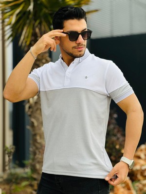 Miron Beyaz Gri Kagi Ston Parçalı Polo Yaka Kısa Kollu T-Shirt