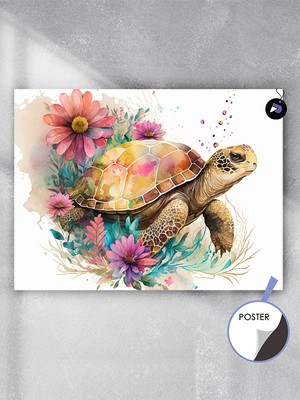 Postermanya Kaplumbağa ve Çiçek Hayvan Poster - Afiş - Dekoratif Duvar Posteri