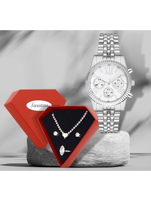 Forentina Gümüş Kaplama Kalpli Takı Metal Saat Hediye Set PS2980