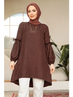 Neva Style Balon Kol Kahverengi Tesettür Tunik 4138KH
