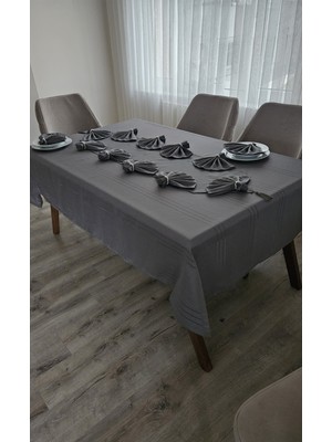 Zesa Home Colber Çizgi Detaylı Masa Örtüsü Füme 12 Kişilik 26 Parça - Masa 160X220...160X400