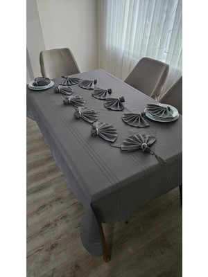 Zesa Home Colber Çizgi Detaylı Masa Örtüsü Füme 12 Kişilik 26 Parça - Masa 160X220...160X400