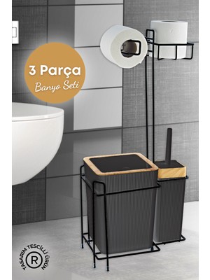 Tekno Trust 3 Ahşap Desenli Metal Standlı Yedekli Wc Kağıtlık Banyo Seti Siyah 3 Adet Duş Lifi Hediye Siyah Met