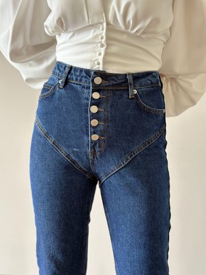 Foni Fashion Önü Düğmeli Yırtmaçlı Uzun Paça Jean