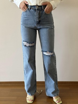 Foni Fashion Detaylı Yırtık Uzun Paça  Jean