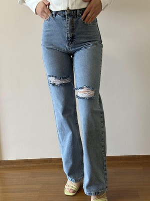 Foni Fashion Detaylı Yırtık Uzun Paça  Jean