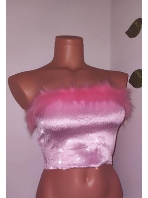 Pinkys Pembe Kadife Tüylü Crop Straplez Bluz