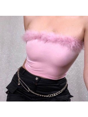 Pinkys Pembe Kadife Tüylü Crop Straplez Bluz