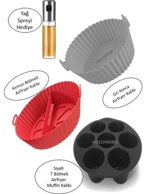 Holly Home 3+1 Silikon Airfryer Pişirme Kalıbı Seti; Gri Yonca+Kırmızı Bölmeli+Siyah Muffin+Yağ Sprey
