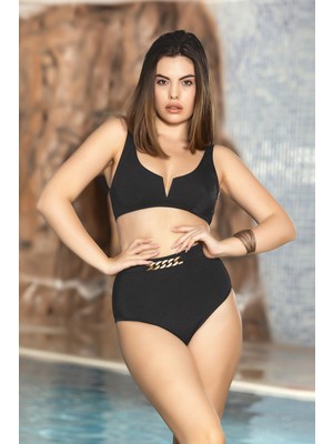 Hazelin Kadın Siyah Parlak Yüzey Aksesuar Detaylı Toparlayıcı Bikini Takım HZL24S-AR1756