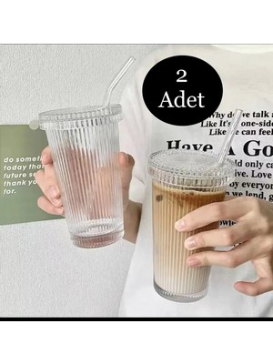 Tekno Trust 2 Parça 2 Adet 400 ml Isıya Dayanıklı Origami Desen Kapaklı ve Pipetli Bardak Milkshake ve Meşrubat