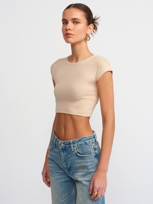 Dilvin 30528 Pamuk ve Modal  Karışımlı Crop Top-Açık Bej