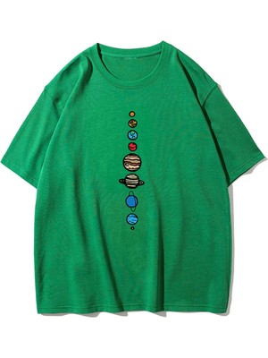 Black Sokak Unisex Yeşil 9 Gezegen Baskılı Oversize Bisiklet Yaka Tshirt