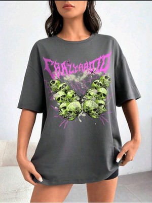 Black Sokak Blacksokak Kadın Antrasit Kurukafa Baskılı Oversize Bisiklet Yaka Tshirt