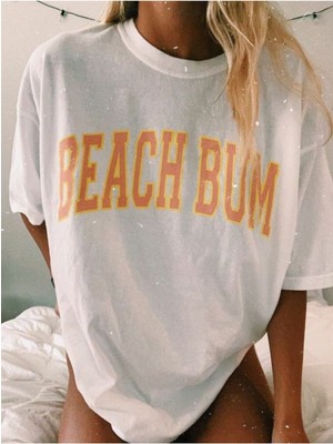 Black Sokak Kadın Beyaz Beach Bum Baskılı Oversize Tshirt