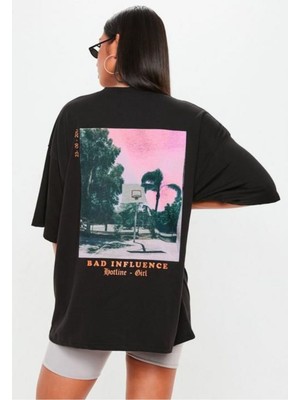 Black Sokak Kadın Siyah Bad Influence Sırt Baskılı Oversize Tshirt