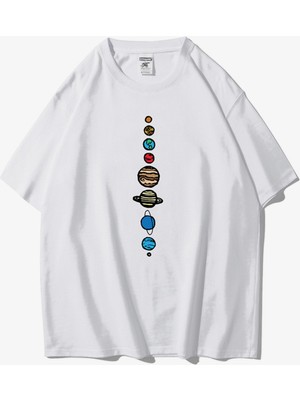 Black Sokak Unisex Beyaz 9 Gezegen Baskılı Oversize Bisiklet Yaka Tshirt