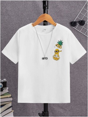 Black Sokak Erkek Çocuk Beyaz Ananas Bisiklet Yaka Tshirt