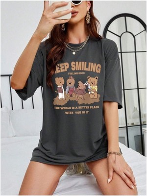 Black Sokak Blacksokak Mavi Antrasit Keep Smılıng Oversize Bisiklet Yaka Tshirt