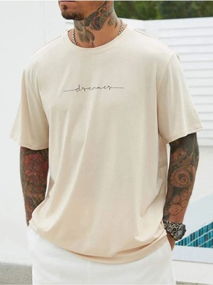 Black Sokak Blacksokak Erkek Bej Dreamer Baskılı Oversize Bisiklet Yaka Tshirt