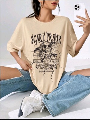 Black Sokak Blacksokak Kadın Bej Scary Prank Oversize Bisiklet Yaka Tshirt