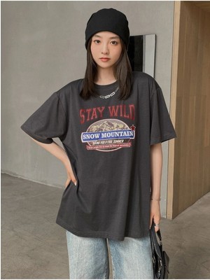 Black Sokak Blacksokak Kadın Antrasit Stay Wıld Baskılı Oversize Bisiklet Yaka Tshirt