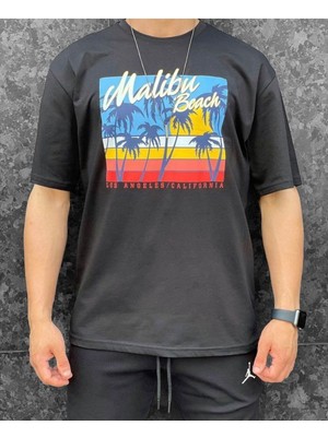 Black Sokak Blacksokak Erkek Antrasit Malıbu Beach Baskılı Oversize Bisiklet Yaka Tshirt