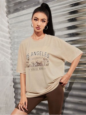 Black Sokak Blacksokak Kadın Bej Los Angeles Oversize Bisiklet Yaka Tshirt