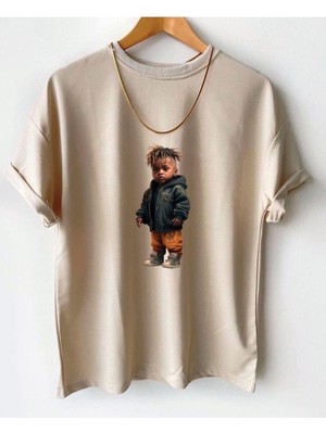 Black Sokak Blacksokak Erkek Bej Rapçı Oversize Bisiklet Yaka Tshirt