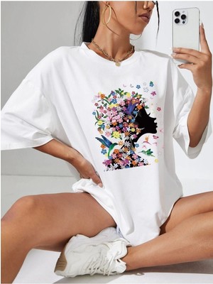 Black Sokak Blacksokak Kadın Beyaz Çiçek Saçlı Baskılı Oversize Bisiklet Yaka Tshirt