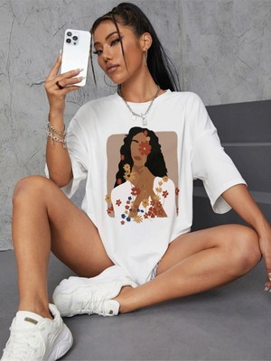 Black Sokak Blacksokak Kadın Beyaz Kadın Baskılı Oversize Bisiklet Yaka Tshirt