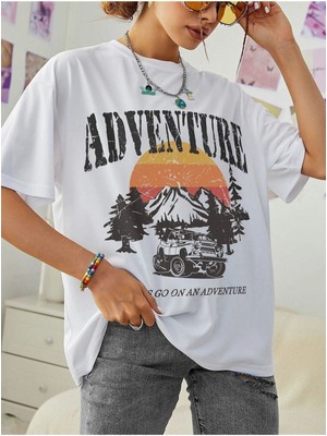 Black Sokak Blacksokak Kadın Beyaz Adventure Baskılı Oversize Bisiklet Yaka Tshirt