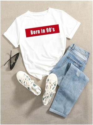 Black Sokak Blacksokak Kadın Beyaz Born In 90's Baskılı Oversize Bisiklet Yaka T-Shirt