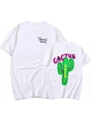 Black Sokak Unisex Beyaz Cactus Baskılı Oversize Bisiklet Yaka Tshirt