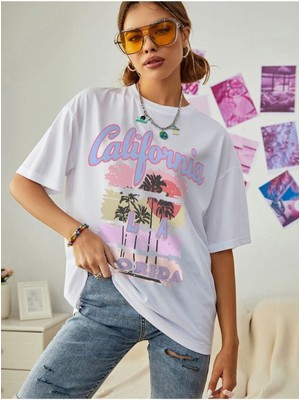 Black Sokak Blacksokak Kadın Beyaz Calıfornıa Baskılı Oversize Bisiklet Yaka Tshirt