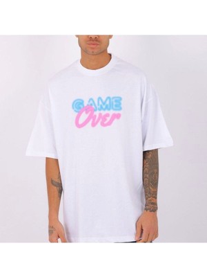 Black Sokak Blacksokak Erkek Beyaz Game Over Baskılı Oversize Bisiklet Yaka Tshirt