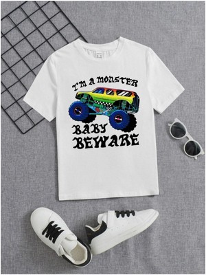 Black Sokak Erkek Çocuk Beyaz I Am Monster Bisiklet Yaka Tshirt