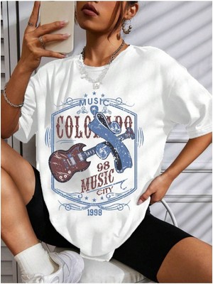 Black Sokak Blacksokak Kadın Beyaz 98 Musıc Cıty Oversize Bisiklet Yaka Tshirt