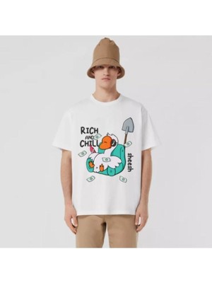 Black Sokak Erkek Beyaz Rıch And Chıll Baskılı Oversize Bisiklet Yaka Tshirt