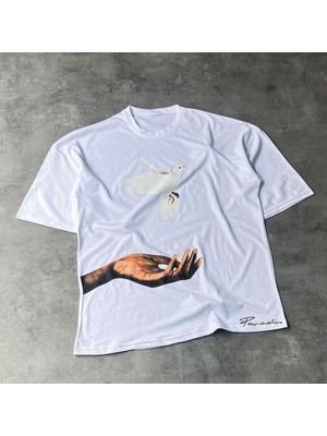 Black Sokak Blacksokak Erkek Beyaz Güvercin Baskılı Oversize Bisiklet Yaka Tişört