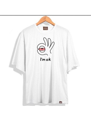Black Sokak Blacksokak Erkek Beyaz I'm Ok Baskılı Oversize Bisiklet Yaka Tshirt
