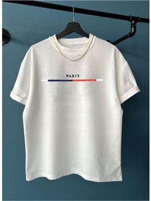 Black Sokak Erkek Beyaz Göğüs Ince Çizgili Paris Baskılı Oversize Bisiklet Yaka Tişört
