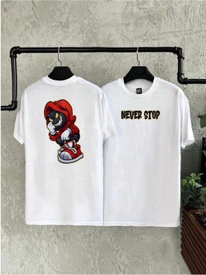 Black Sokak Erkek Beyaz Never Stop Baskılı Bisiklet Yaka Tshirt